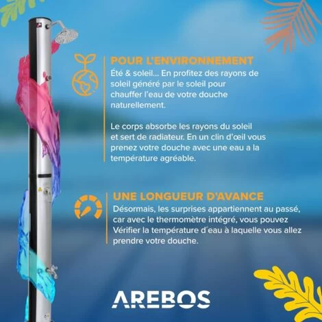 AREBOS Douche Solaire 40L 220cm Incl.Capot De Protection Avec Thermomètre Intégré Pommeau De Douche Rond – Image 4