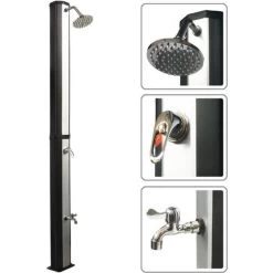 VIESTA VSD35FS Douche Solaire - Noir Et Argent - Avec Réservoir D'eau Résistant Aux UV De 35 Litres - Avec Lave-pieds Et Pomme De Douche De Pluie Réglable