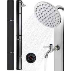 AREBOS Douche Solaire 35 Litres 216cm INCL. Capot De Protection Avec Thermomètre Intégré Pommeau De Douche Rond Avec Douche De Pied Douche De Jardin Avec Raccord Pour Tuyau D'arrosage
