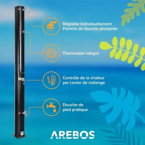 AREBOS Douche Solaire 40 L 220 Cm Avec Thermomètre Intégré Incl.Capot De Protection Noir Pommeau De Douche Rond – Image 2