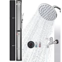 AREBOS Douche Solaire 60L Avec Douchette & Thermomètre Température De L'eau Jusqu'à 60°C Douche De Piscine Camping Noir/Argent