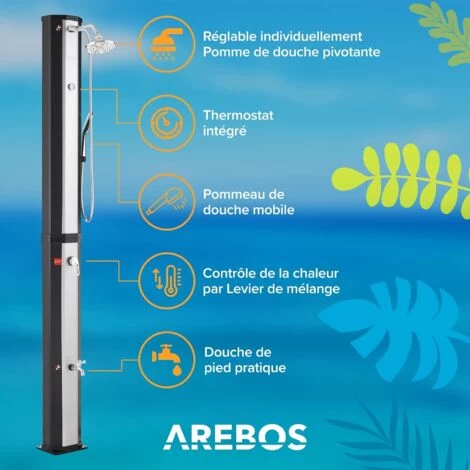 AREBOS Douche Solaire 60L Avec Douchette & Thermomètre Température De L'eau Jusqu'à 60°C Douche De Piscine Camping Noir/Argent – Image 2